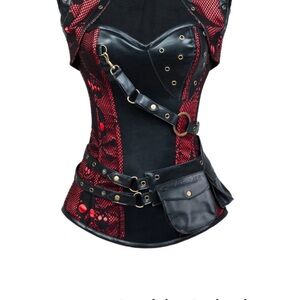 Steampunk Black and Red Buckle Corset